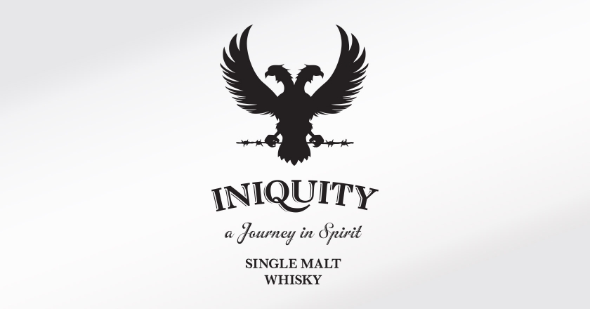 Iniquity Single Malt Whisky Branding - Compete Logotype, Tagline, and Product Description as seen on Packaging