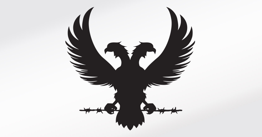 Iniquity Single Malt Whisky Branding - The Double Headed Phoenix on Barbed Wire, Hand Crafted Vector Illustration