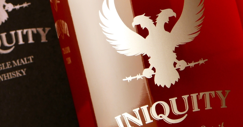 Iniquity Single Malt Whisky Bottle & Box Packaging - Close up Screenprinted Bottle
