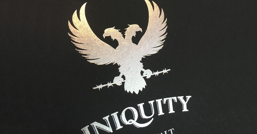 Iniquity Single Malt Whisky Bottle & Box Packaging - Close up Foiled Box