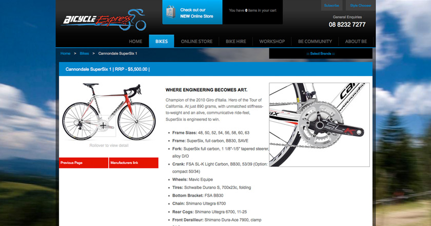 Bicycle Express Website - Road Bike Detail Page