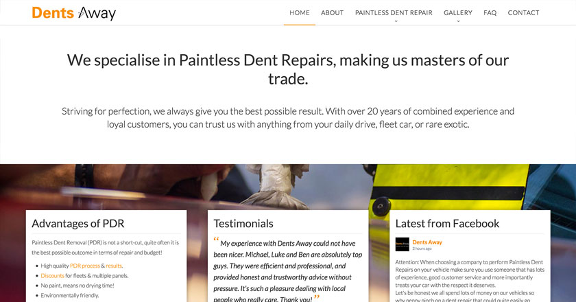Dents Away Website - Bottom Half of Home Page with Parallax Image, Features & Facebook Feed
