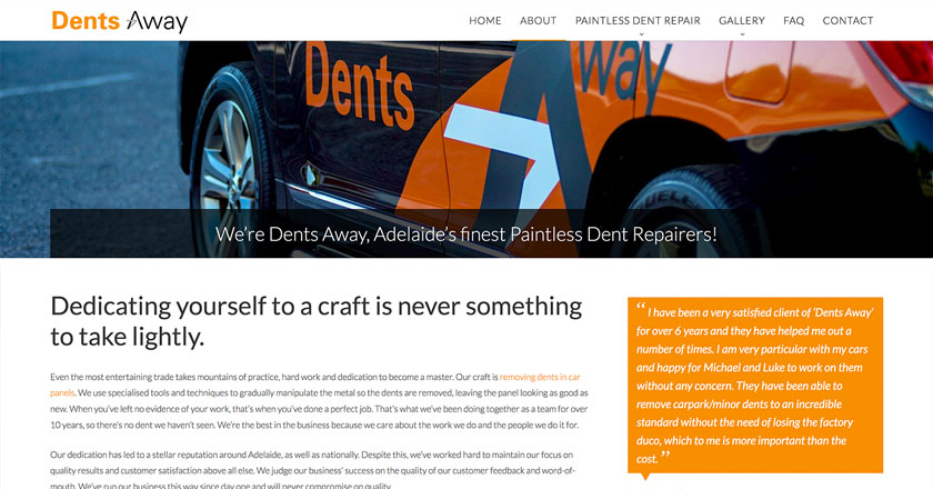 Dents Away Website - About Page with Random Testimonials Feed
