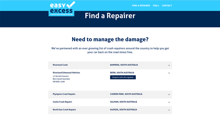 Easy Excess - Find a Repairer Page