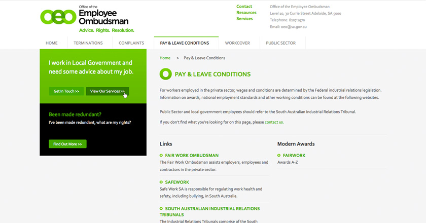 Office of the Employee Ombudsman Website - Pay & Leave Conditions Page