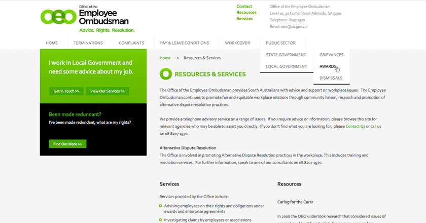 Office of the Employee Ombudsman Website - Resources & Services Page + Navigation Detail
