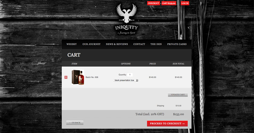 Iniquity Website - Cart Page with Packaging Options.