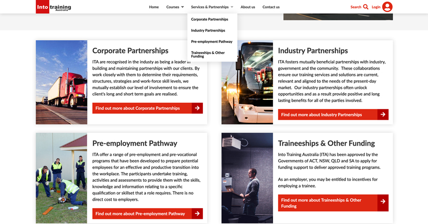 Into Training - Services and Partnerships Landing Page