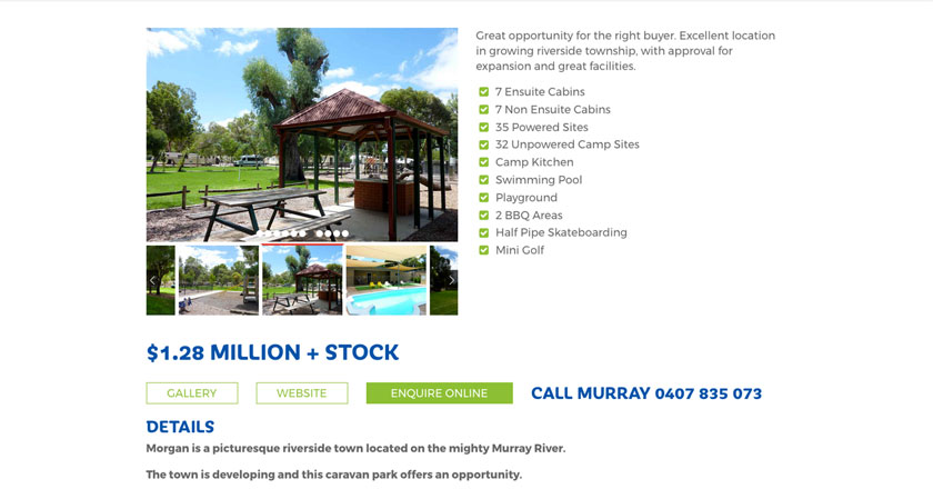 Murray Fielder Caravan Park Broker Website - Property Details Page with Gallery, Document Downloads, Enquiry Form