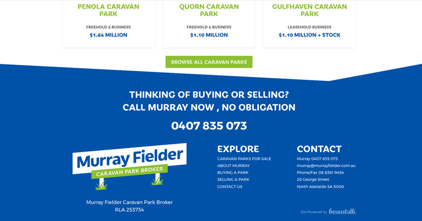 Murray Fielder Caravan Park Broker Website - Property Details Page with Call to Action and Footer