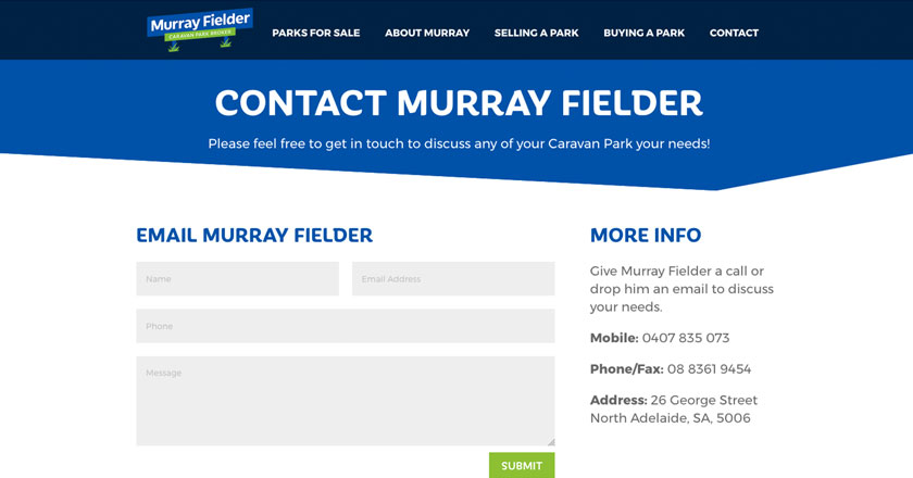 Murray Fielder Caravan Park Broker Website - Contact Page and Enquiry Form