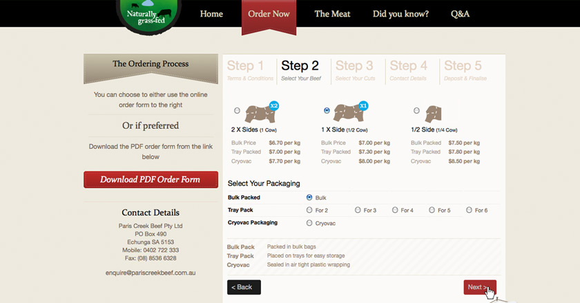 Paris Creek Beef Website - Order Page > Step 2