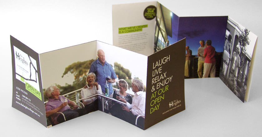 The Heights Retirement Village, A6 Folding Brochure Concertina Folded for Display