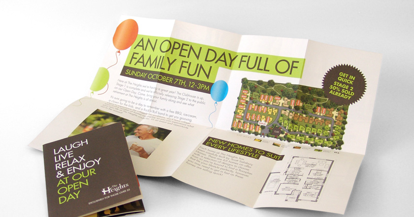 The Heights Retirement Village, A6 Folding Brochure Opens to Display Poster