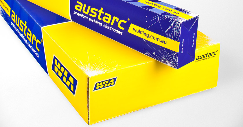 WIA Austarc Welding Electrodes Packaging, Inner Packet on Outer Carton, Closeup.